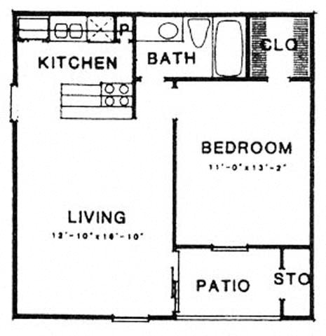 Floor plan for 1 bed, 1 bath, 561 sqft