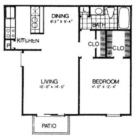 Floor plan for 1 bed, 1 bath, 624 sqft