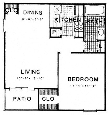 Floor plan for 1 bed, 1 bath, 636 sqft
