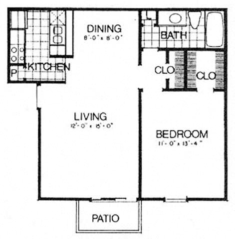 Floor plan for 1 bed, 1 bath, 648 sqft