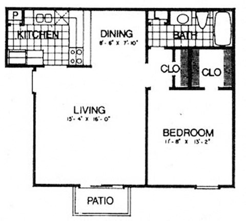 Floor plan for 1 bed, 1 bath, 723 sqft