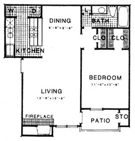 Floor plan for 1 bed, 1 bath, 750 sqft