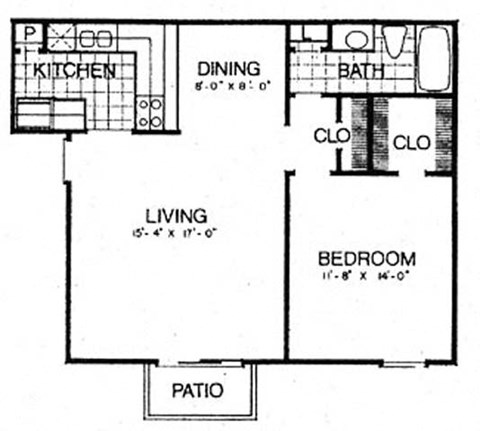 Floor plan for 1 bed, 1 bath, 751 sqft