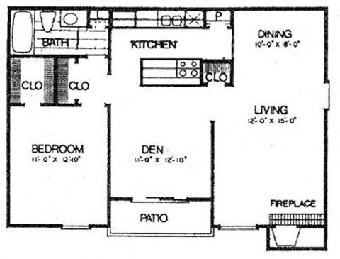 Floor plan for 1 bed, 1 bath, 827 sqft