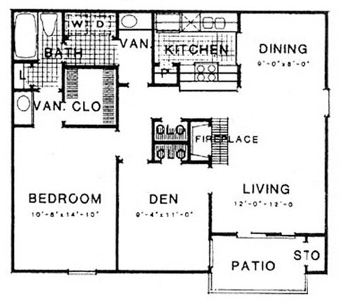 Floor plan for 1 bed, 1 bath, 873 sqft