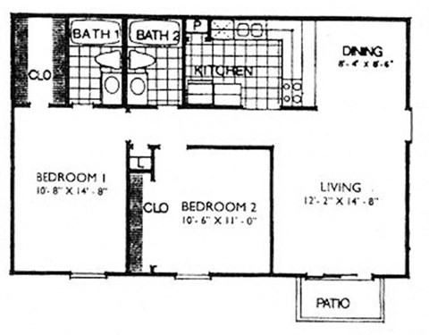 Floor plan for 2 beds, 2 baths, 876 sqft