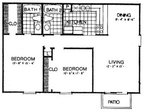 Floor plan for 2 beds, 2 baths, 900 sqft