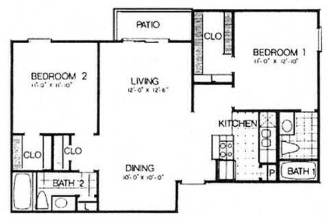 Floor plan for 2 beds, 2 baths, 926 sqft