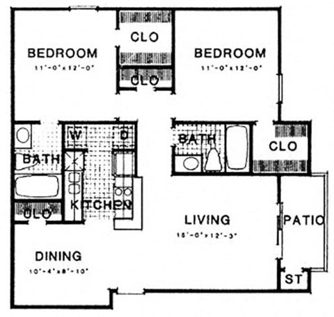 Floor plan for 2 beds, 2 baths, 929 sqft