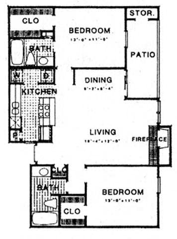 Floor plan for 2 beds, 2 baths, 989 sqft