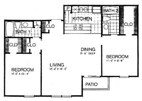 Floor plan for 2 beds, 2 baths, 996 sqft