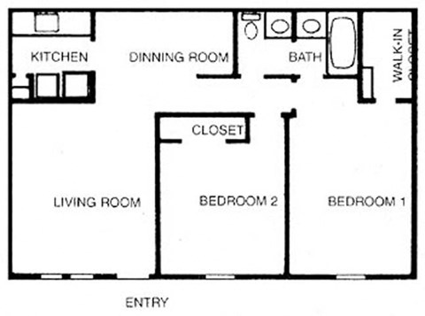Floor plan for 2 beds, 1 bath, 930 sqft