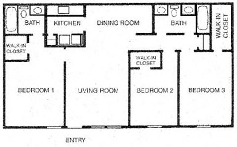 Floor plan for 3 beds, 2 baths, 1175 sqft