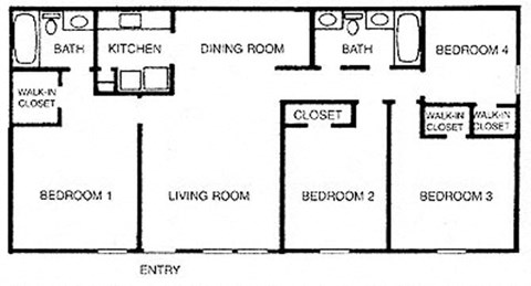 Floor plan for 4 beds, 2 baths, 1275 sqft