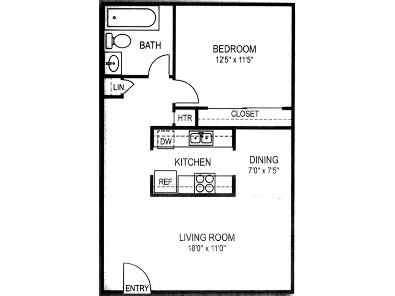 Floor plan for 1 bed, 1 bath, 628 sqft