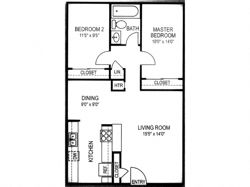 Floor plan for 2 beds, 1 bath, 834 sqft
