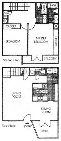 Floor plan for 2 beds, 2.5 baths, 1258 sqft