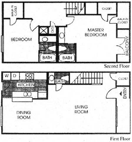 Floor plan for 2 beds, 2.5 baths, 1335 sqft