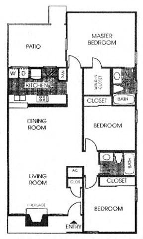 Floor plan for 3 beds, 2 baths, 1270 sqft