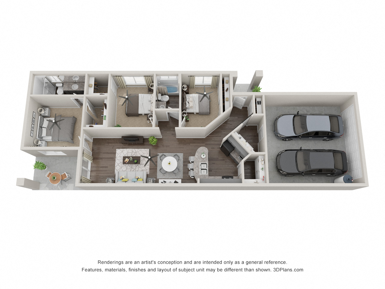 Floor plan for 3 beds, 2 baths, 1211 sqft