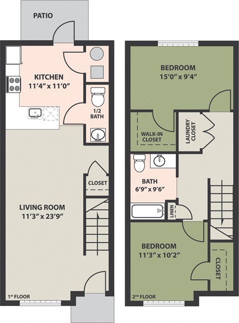 Floor plan for 2 beds, 1.5 baths, 1404 sqft