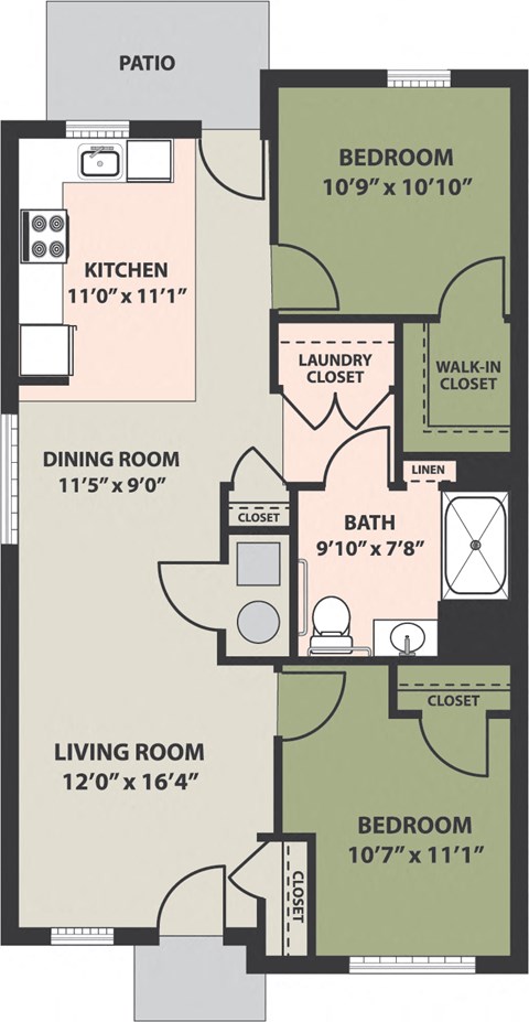 Floor plan for 2 beds, 1 bath