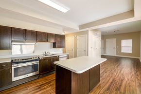 London apartment for rent - a kitchen with wooden cabinets and a white counter top in a new home