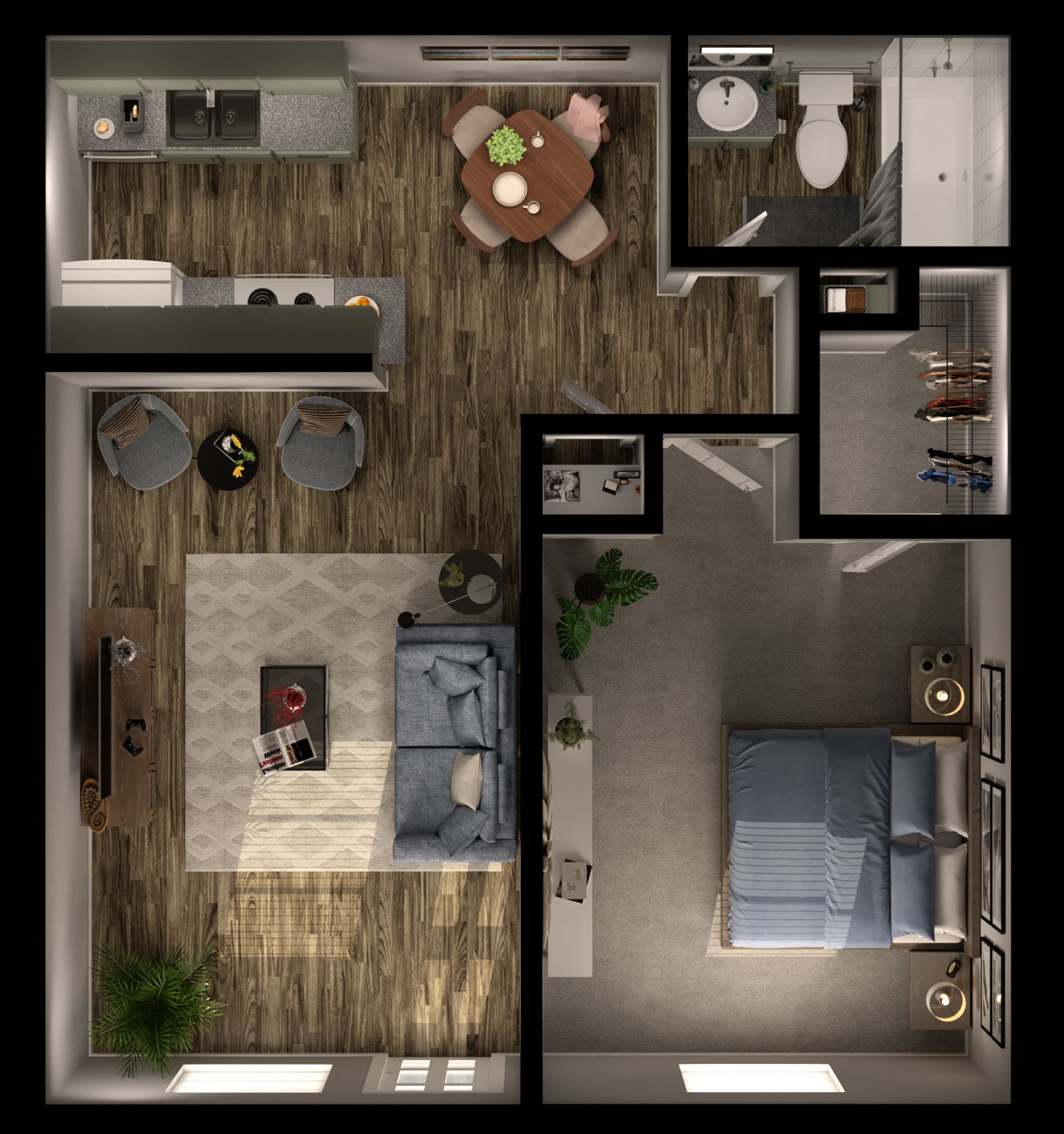 Floor plan for 1 bed, 1 bath, 592 sqft
