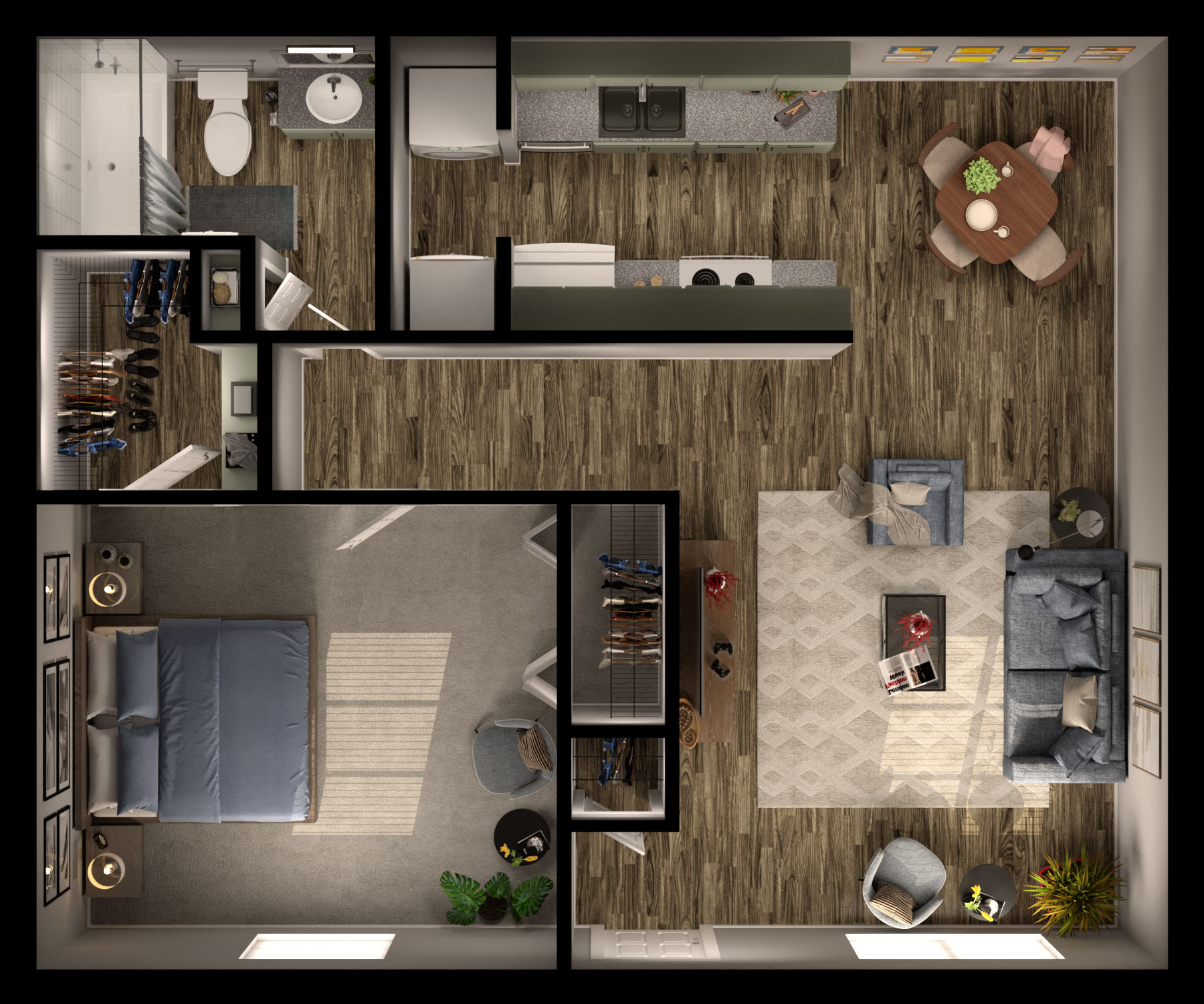 Floor plan for 1 bed, 1 bath, 703 sqft