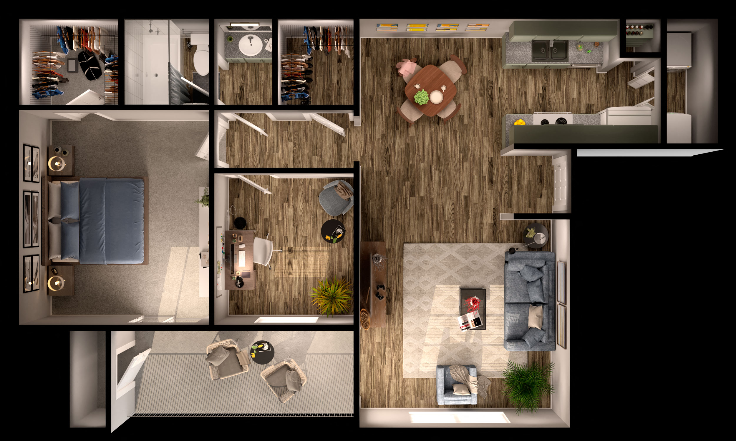 Floor plan for 2 beds, 1 bath, 782 sqft