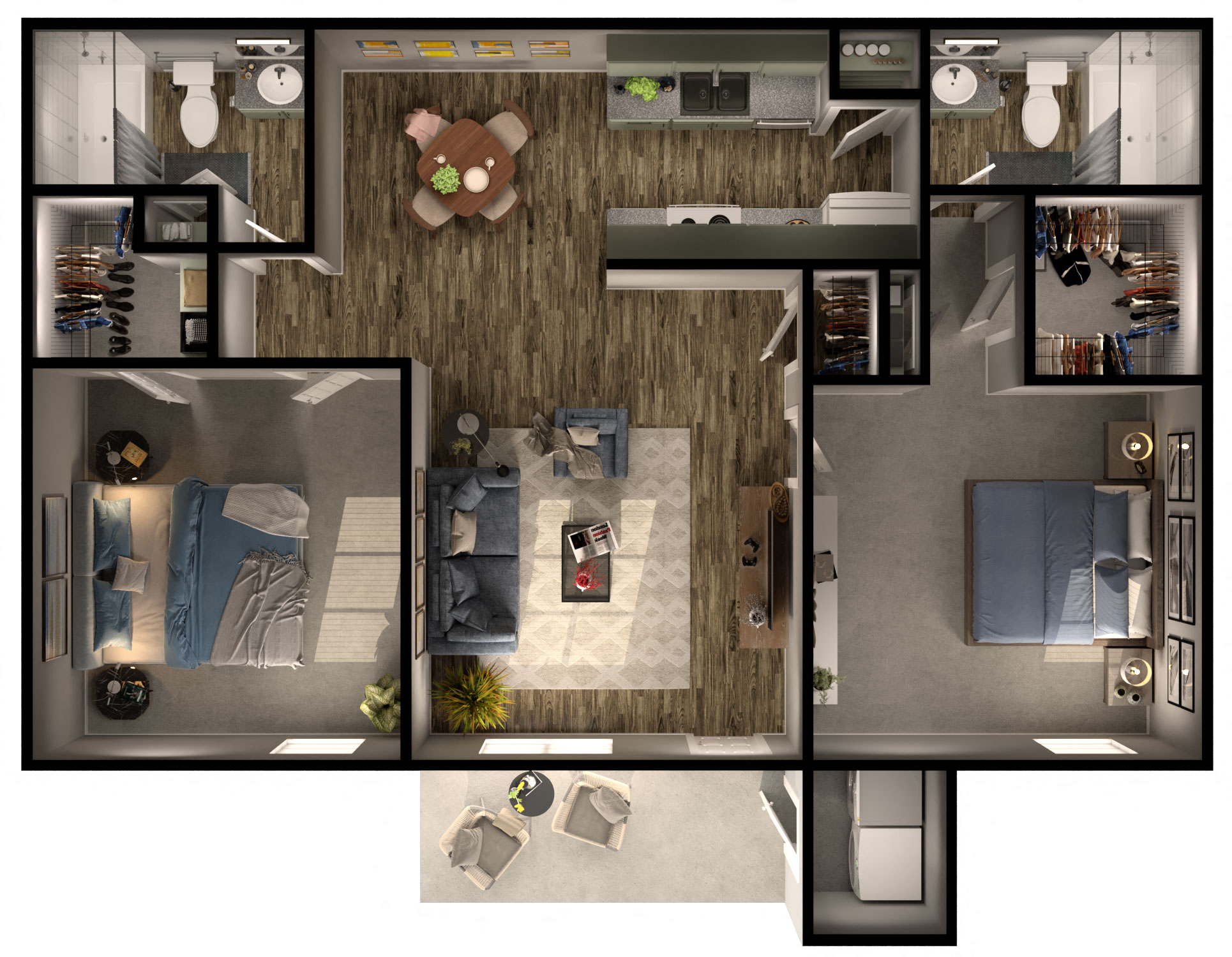 Floor plan for 2 beds, 2 baths, 922 sqft
