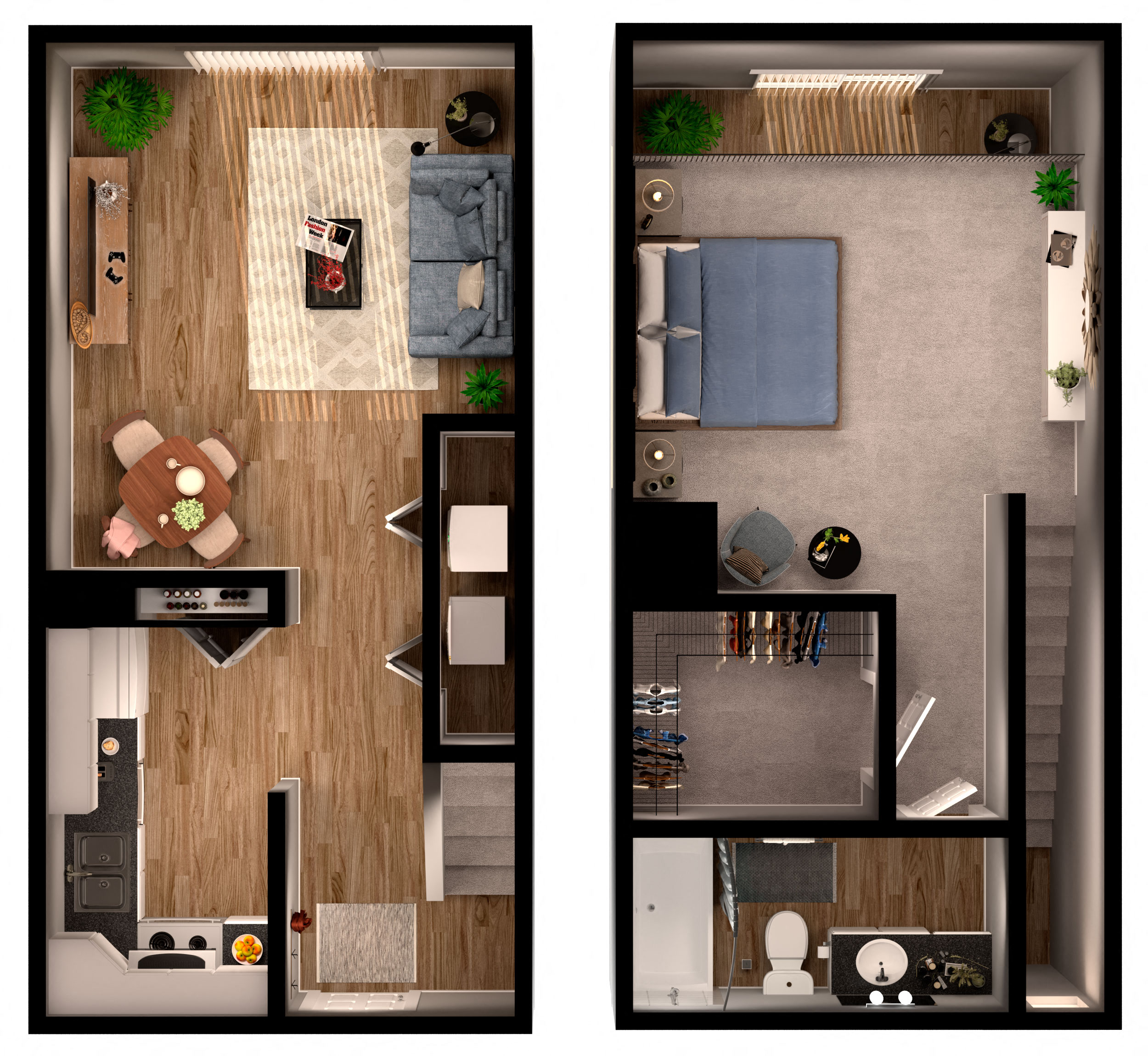 Floor plan for 1 bed, 1 bath, 732 sqft