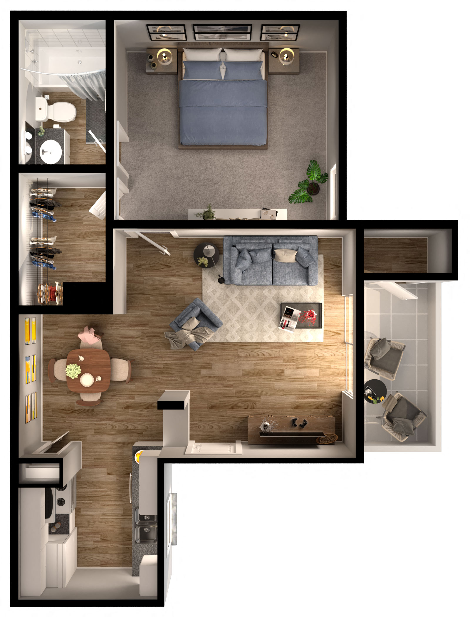 Floor plan for 1 bed, 1 bath, 571 sqft