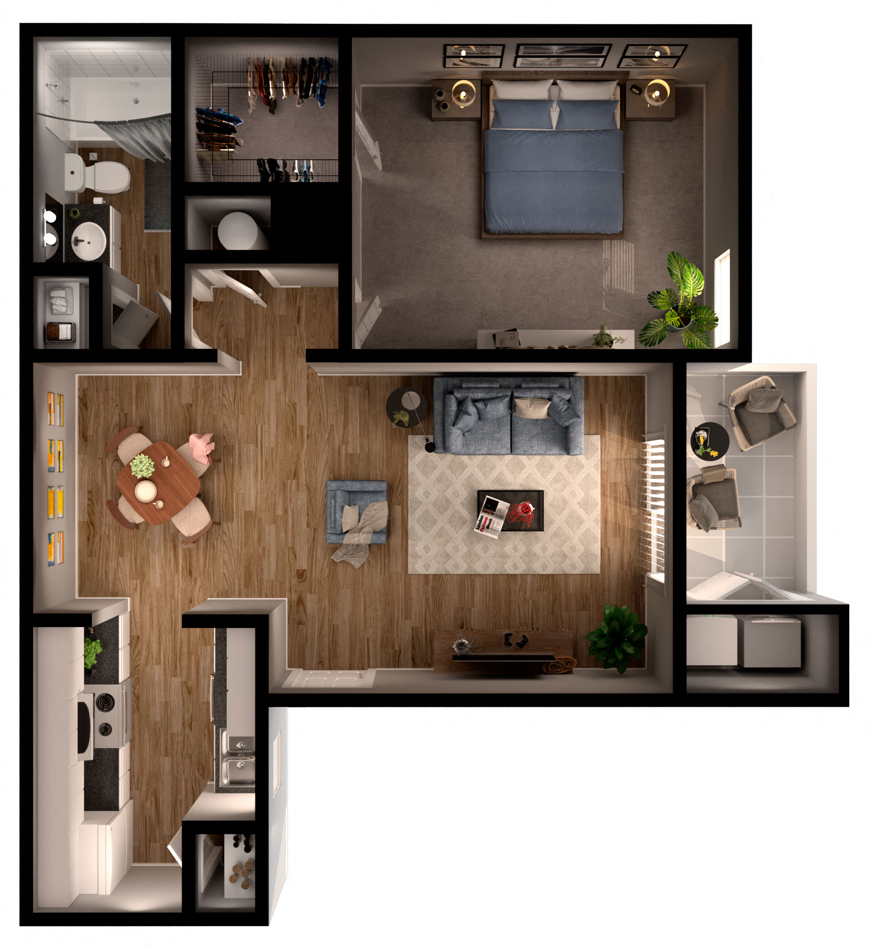 Floor plan for 1 bed, 1 bath, 670 sqft