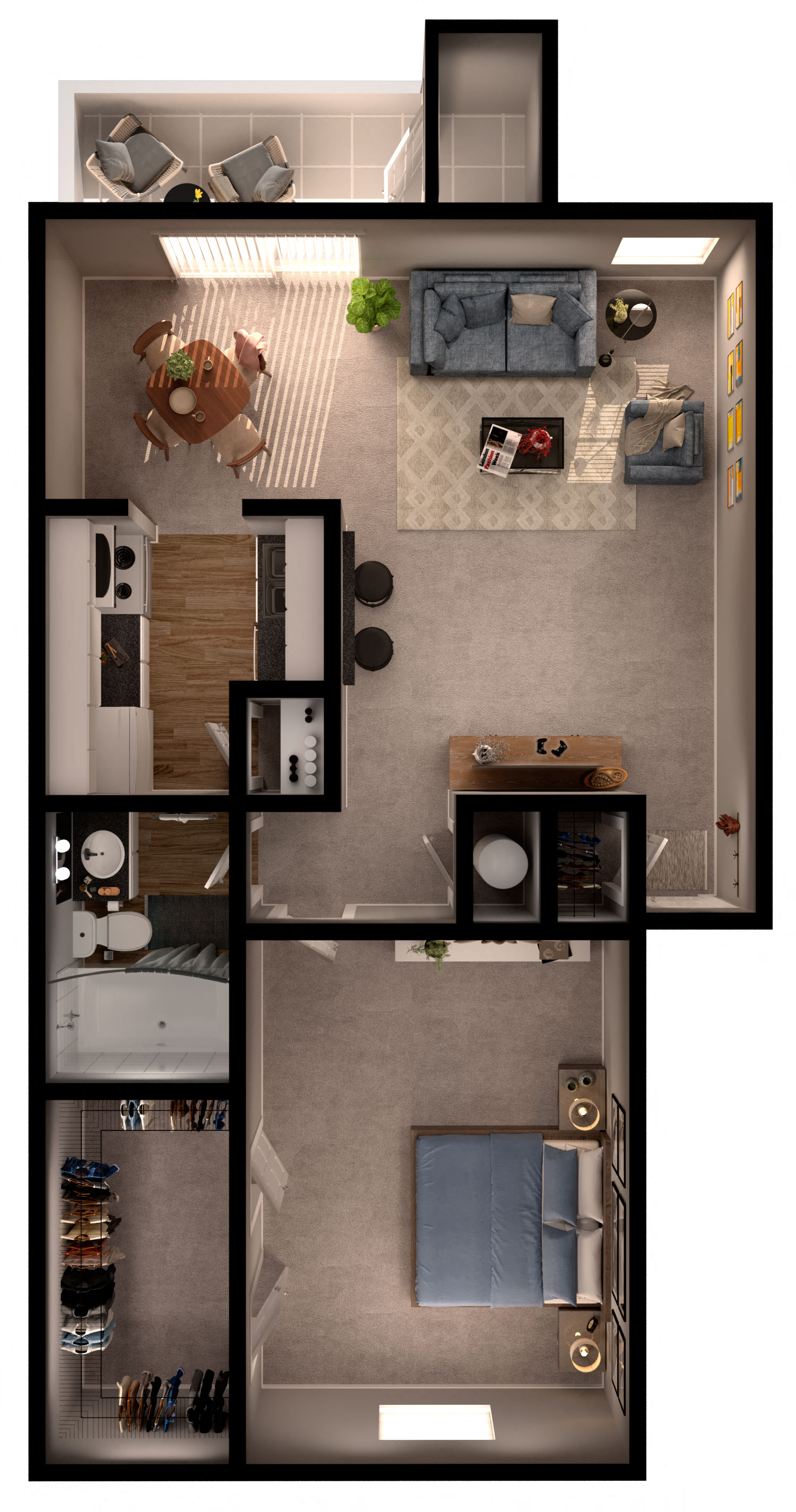 Floor plan for 1 bed, 1 bath, 726 sqft