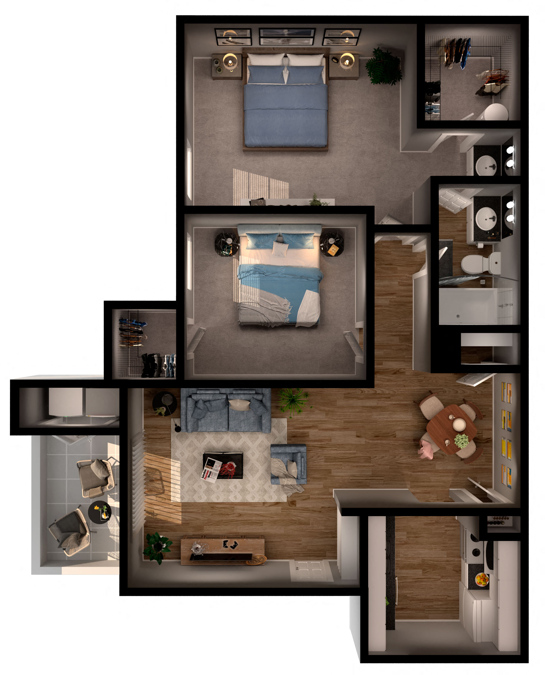 Floor plan for 2 beds, 1 bath, 807 sqft