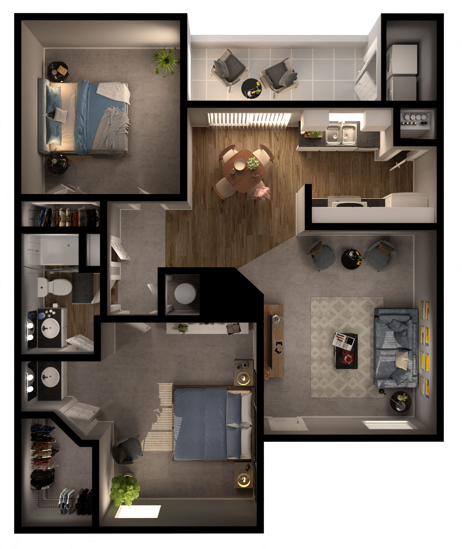 Floor plan for 2 beds, 1 bath, 852 sqft