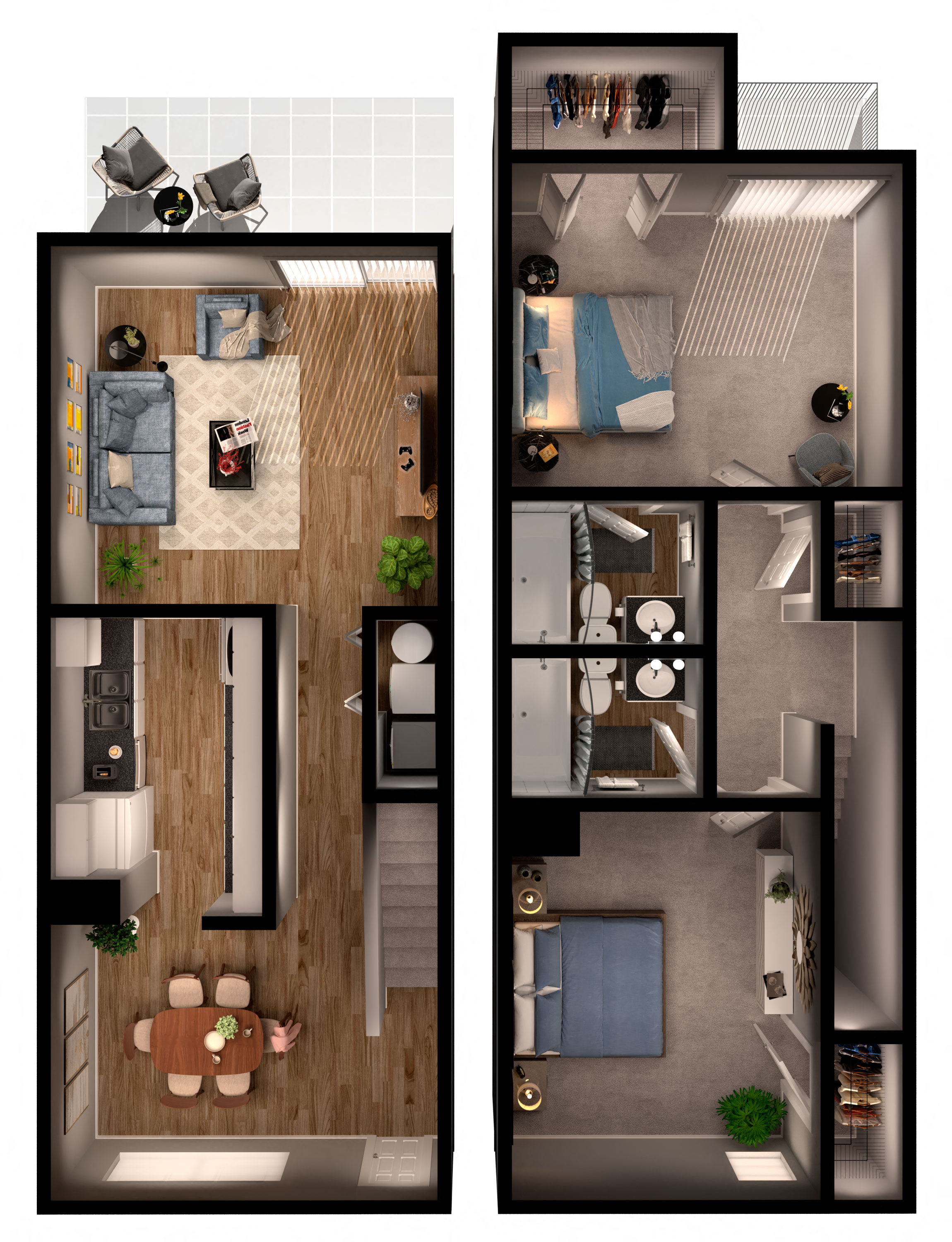 Floor plan for 2 beds, 2 baths, 1077 sqft