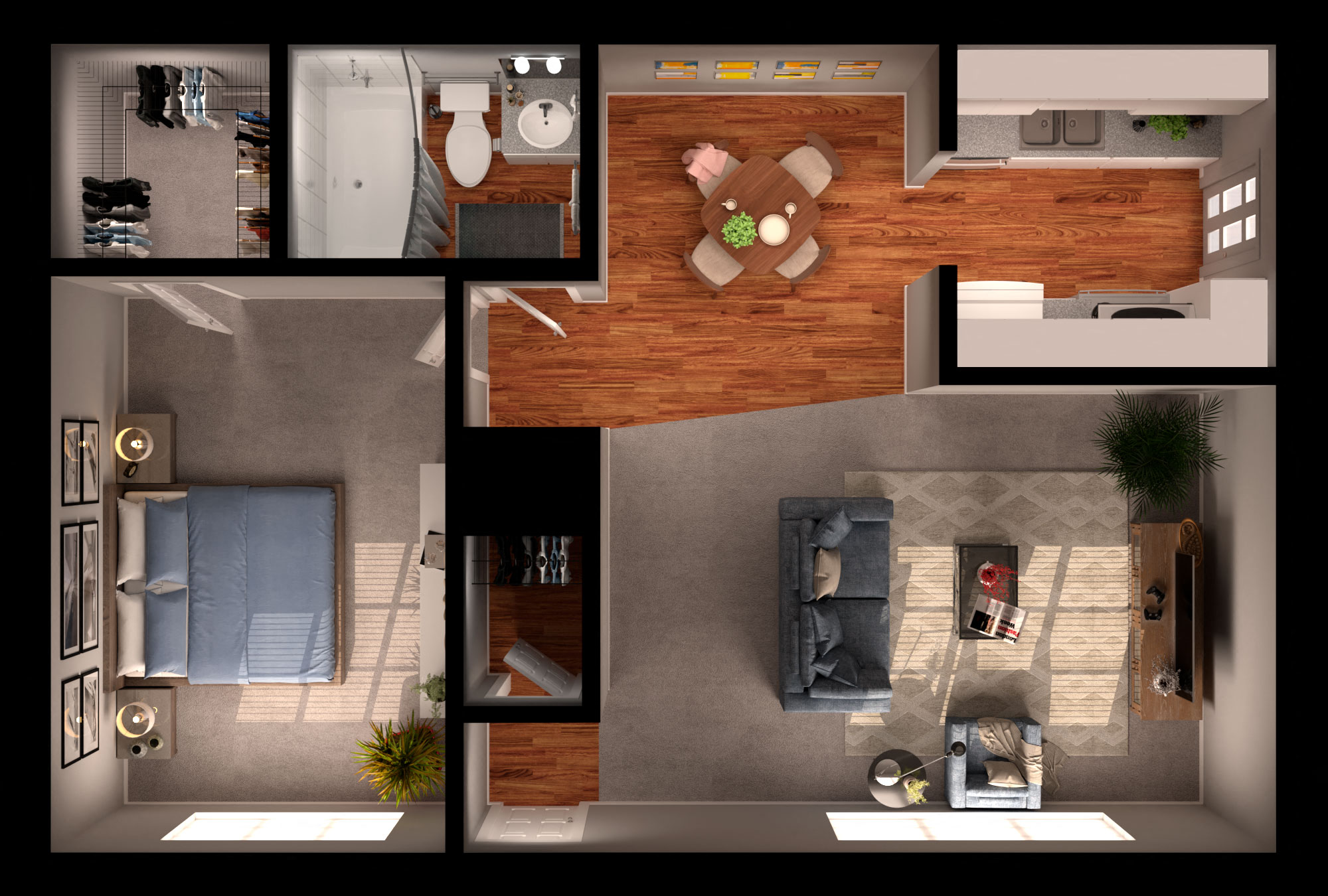 Floor plan for 1 bed, 1 bath, 658 sqft