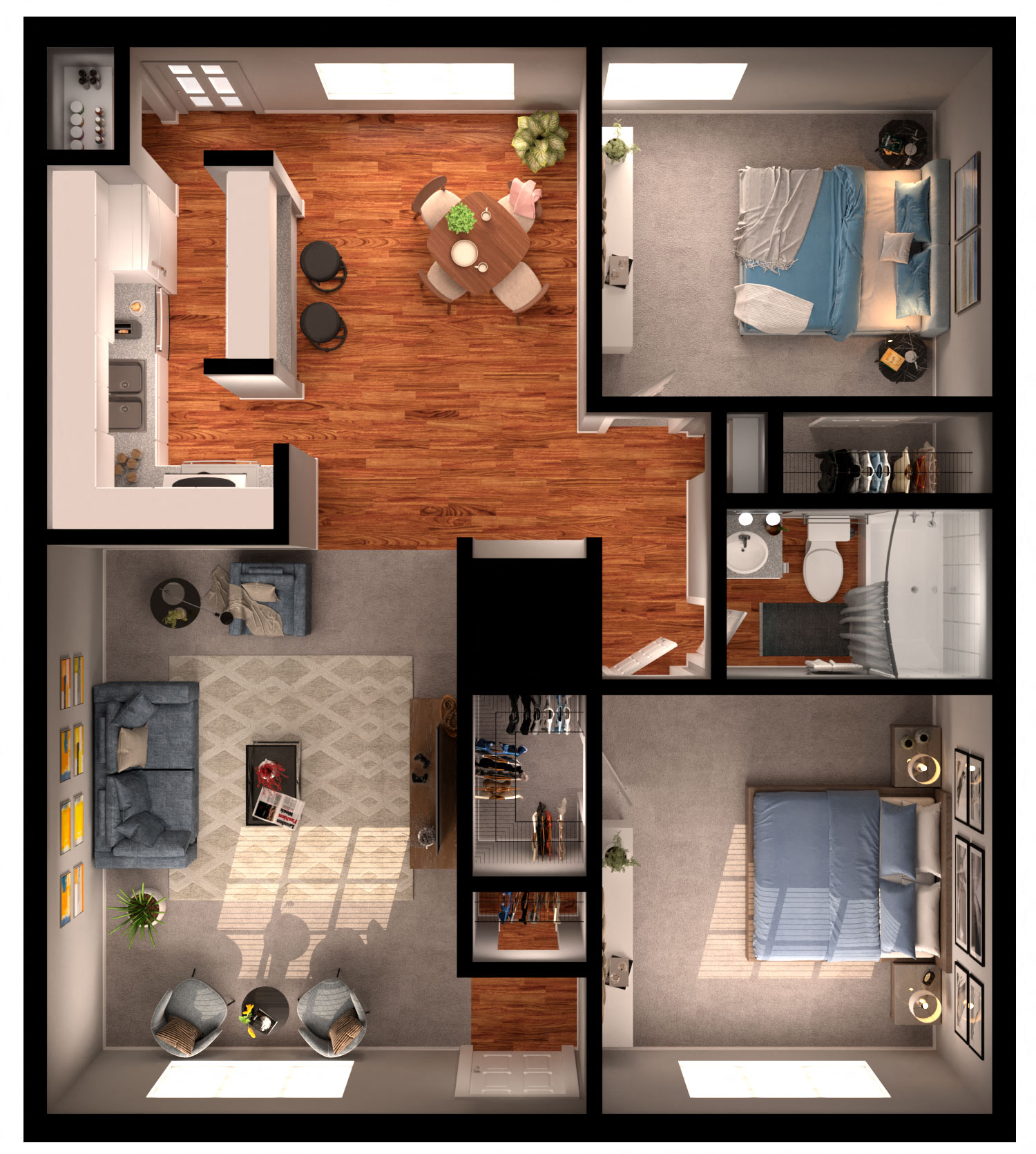 Floor plan for 2 beds, 1 bath, 917 sqft