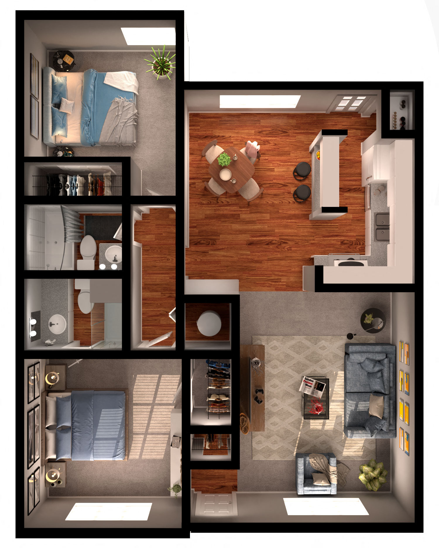 Floor plan for 2 beds, 2 baths, 974 sqft