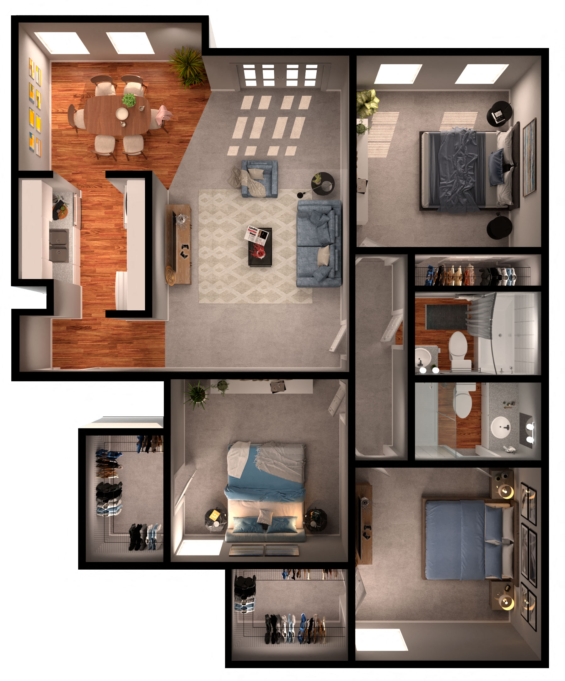 Floor plan for 3 beds, 2 baths, 1121 sqft