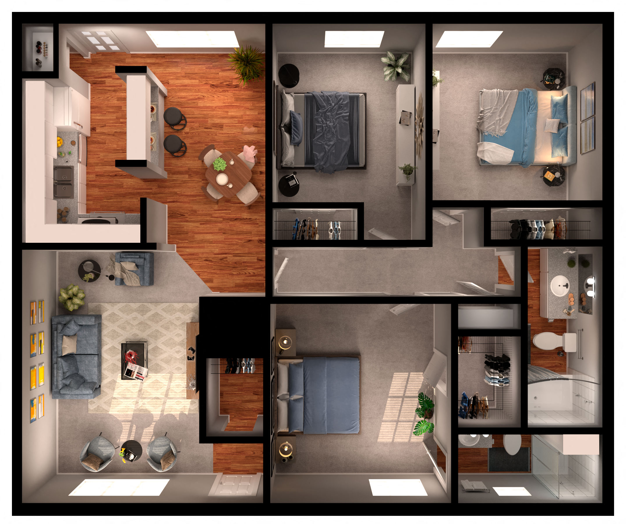 Floor plan for 3 beds, 2 baths, 1253 sqft
