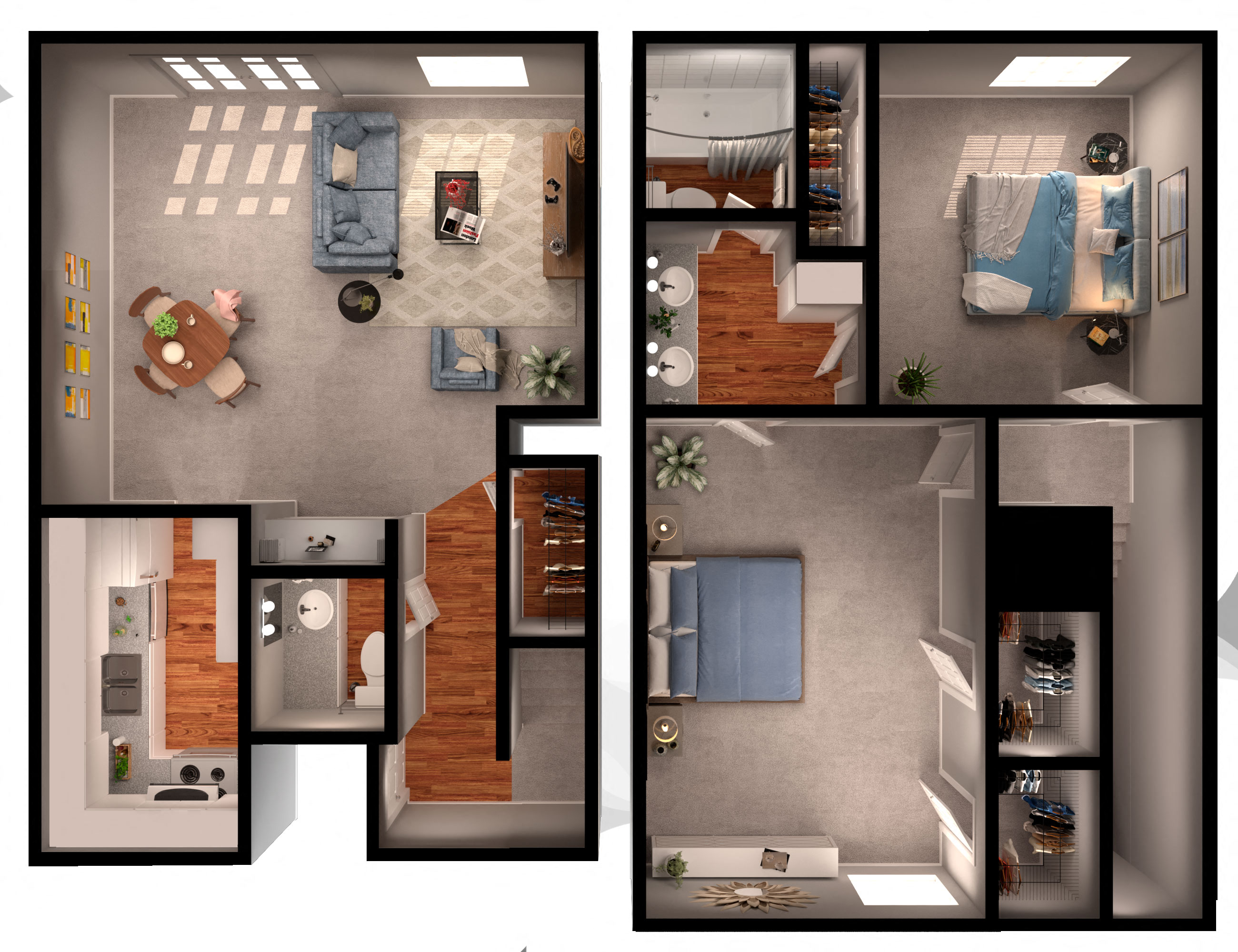 Floor plan for 2 beds, 1.5 baths, 1079 sqft