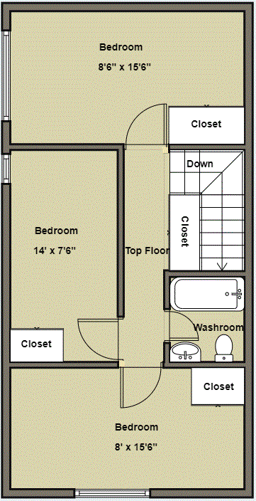 Floor plan for 3 beds, 1 bath, 1000 sqft