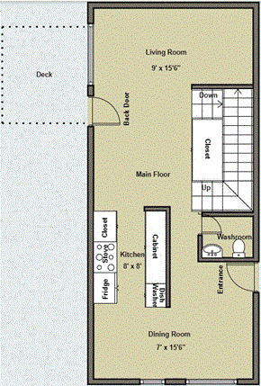 Thompson apartment for rent - A floor plan of a house with a deck and a dining room.