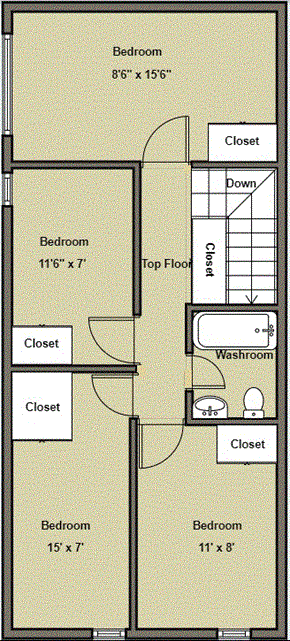 Thompson apartment for rent - A floor plan of a house with three bedrooms and closets.