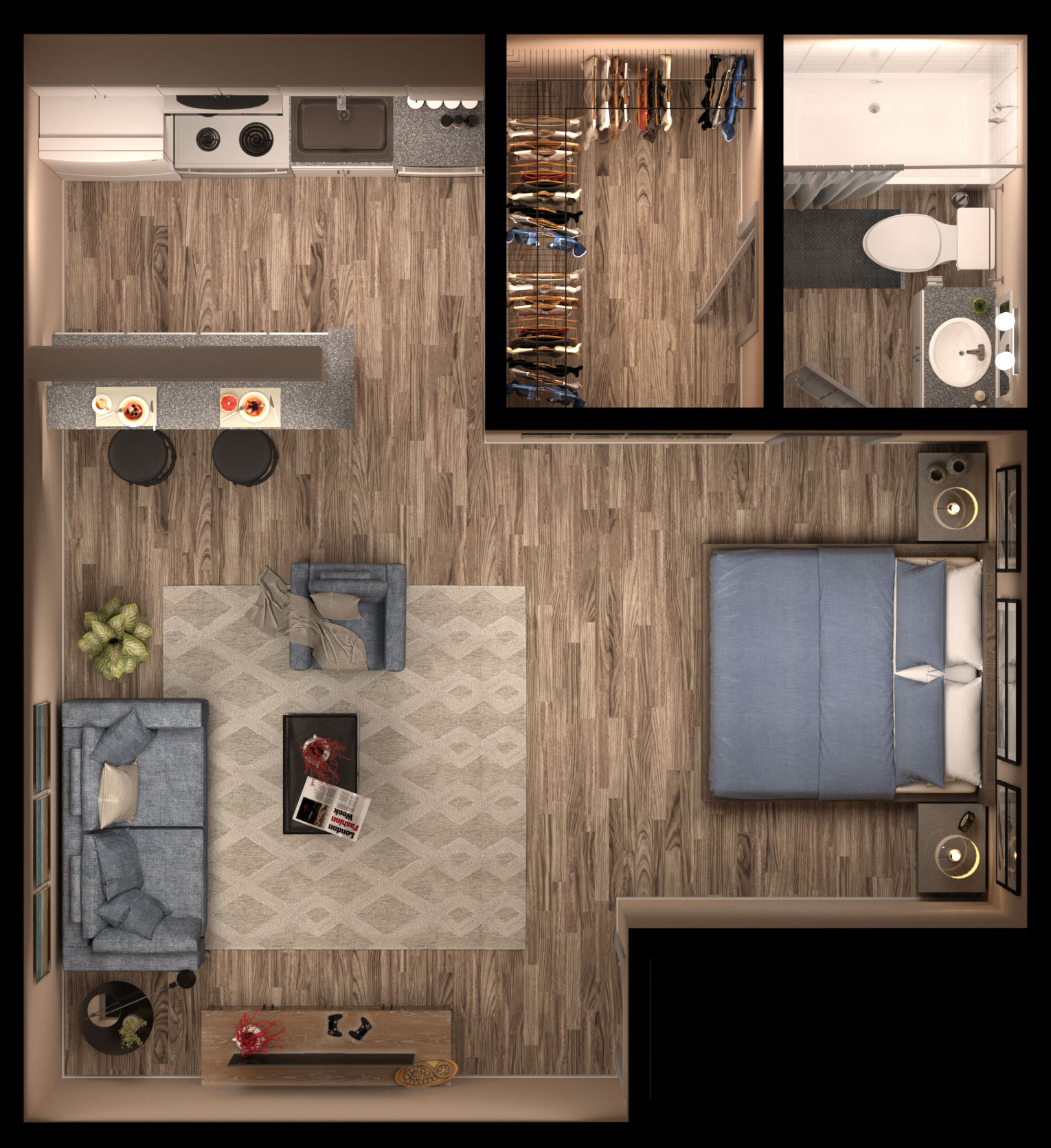 Floor plan for 1 bed, 1 bath, 457 sqft