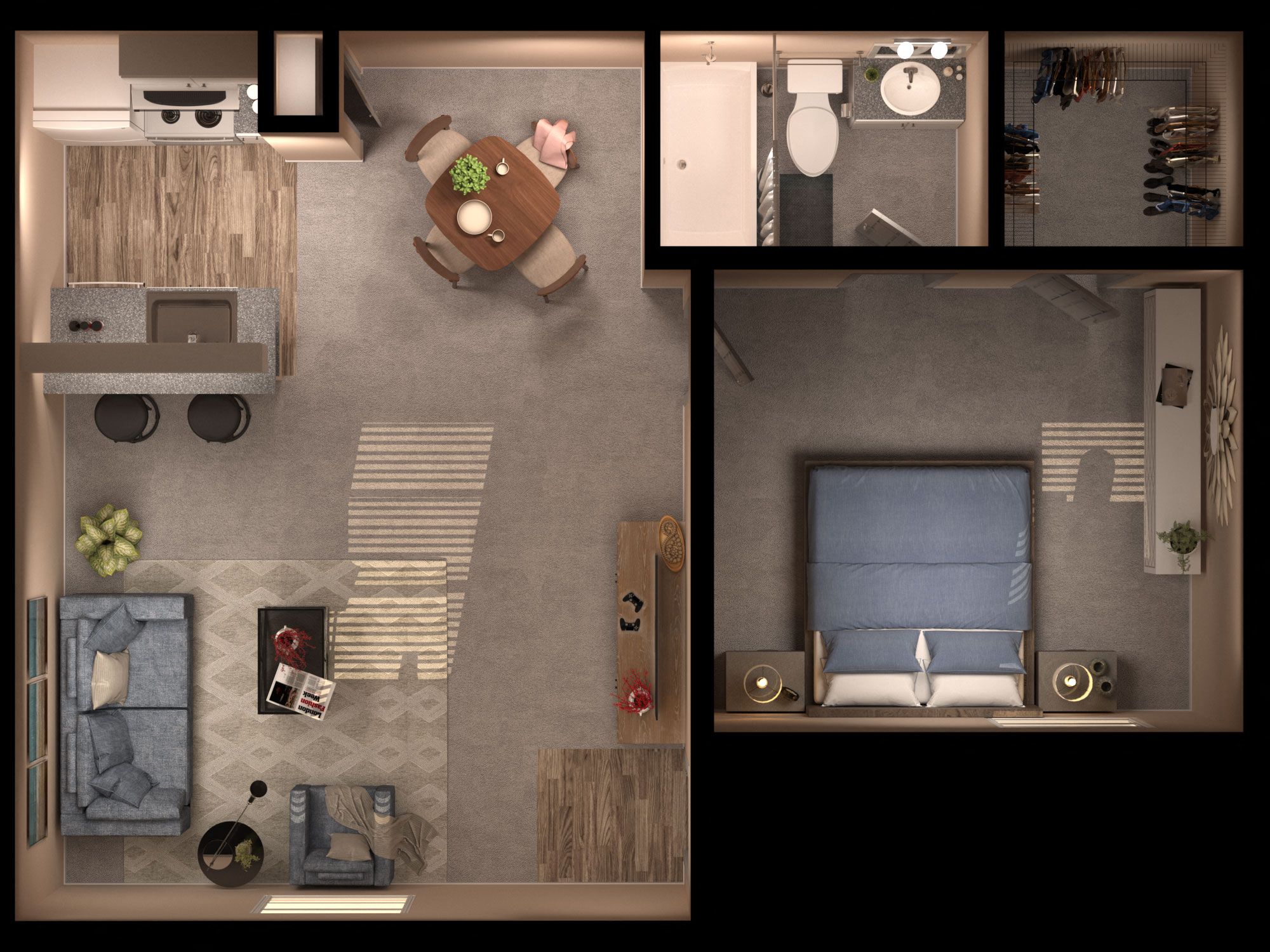 Floor plan for 1 bed, 1 bath, 553 sqft