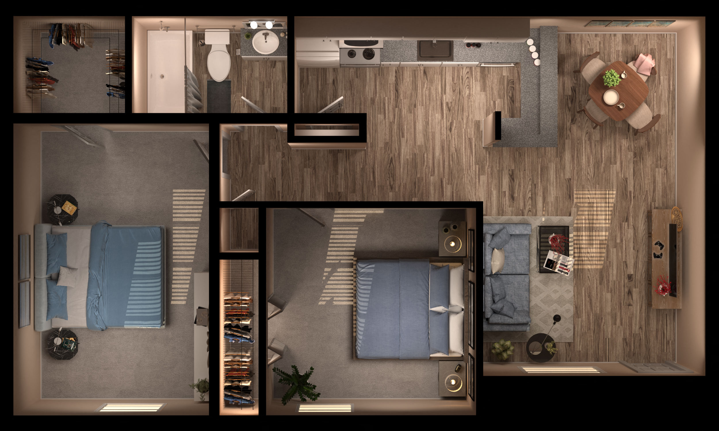 Floor plan for 2 beds, 1 bath, 732 sqft